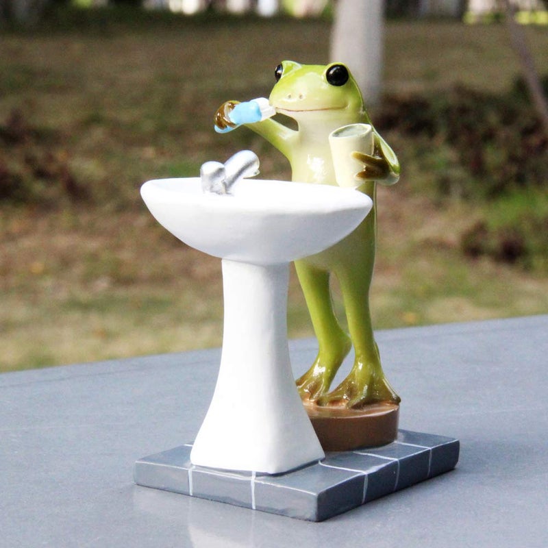 Tfro & Cile Frog Garden Statue Decor Miniature Animal Figurine Outdoor Fairy Brushing Teeth Sculpture for Bathroom - 3.3 Inch Height - Image 3